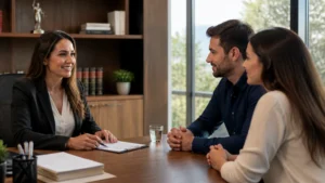 Advogada orientando casal em consulta sobre divórcio consensual amigável no escritório.