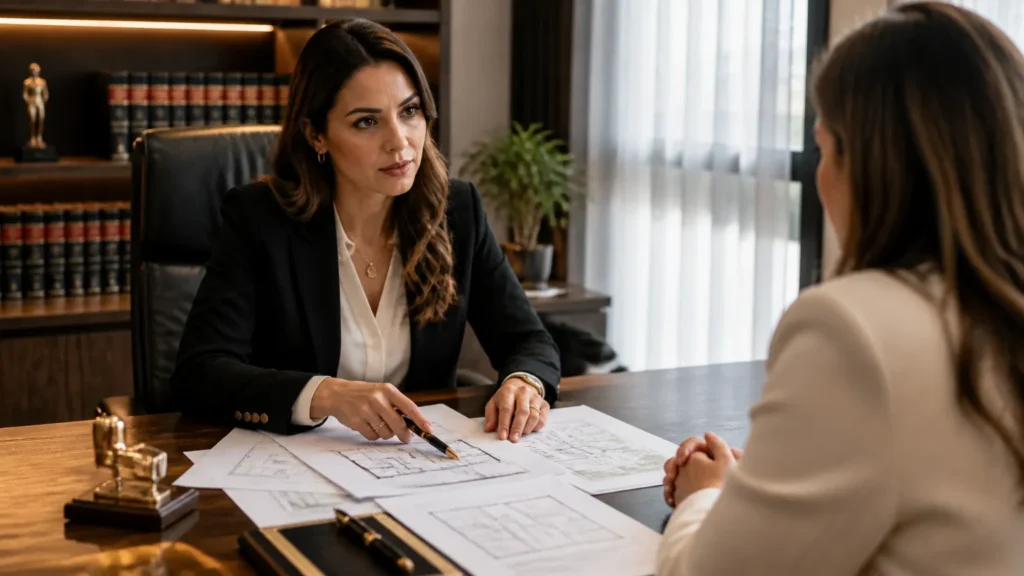 Advogada orientando cliente sobre usucapião extrajudicial e regularização de imóveis em escritório.
