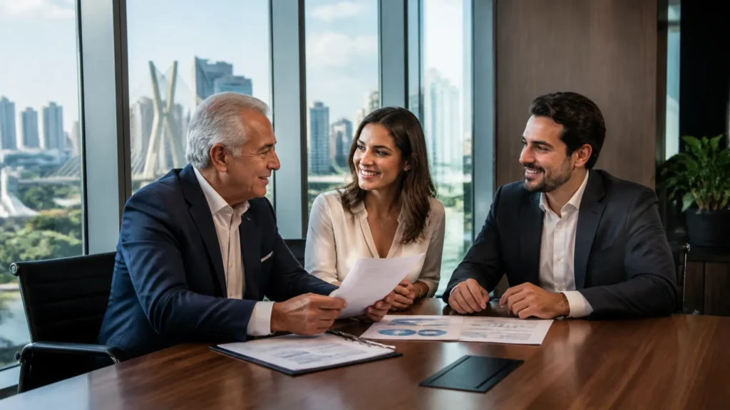 Família reunida analisando documentos de planejamento sucessório e governança empresarial.