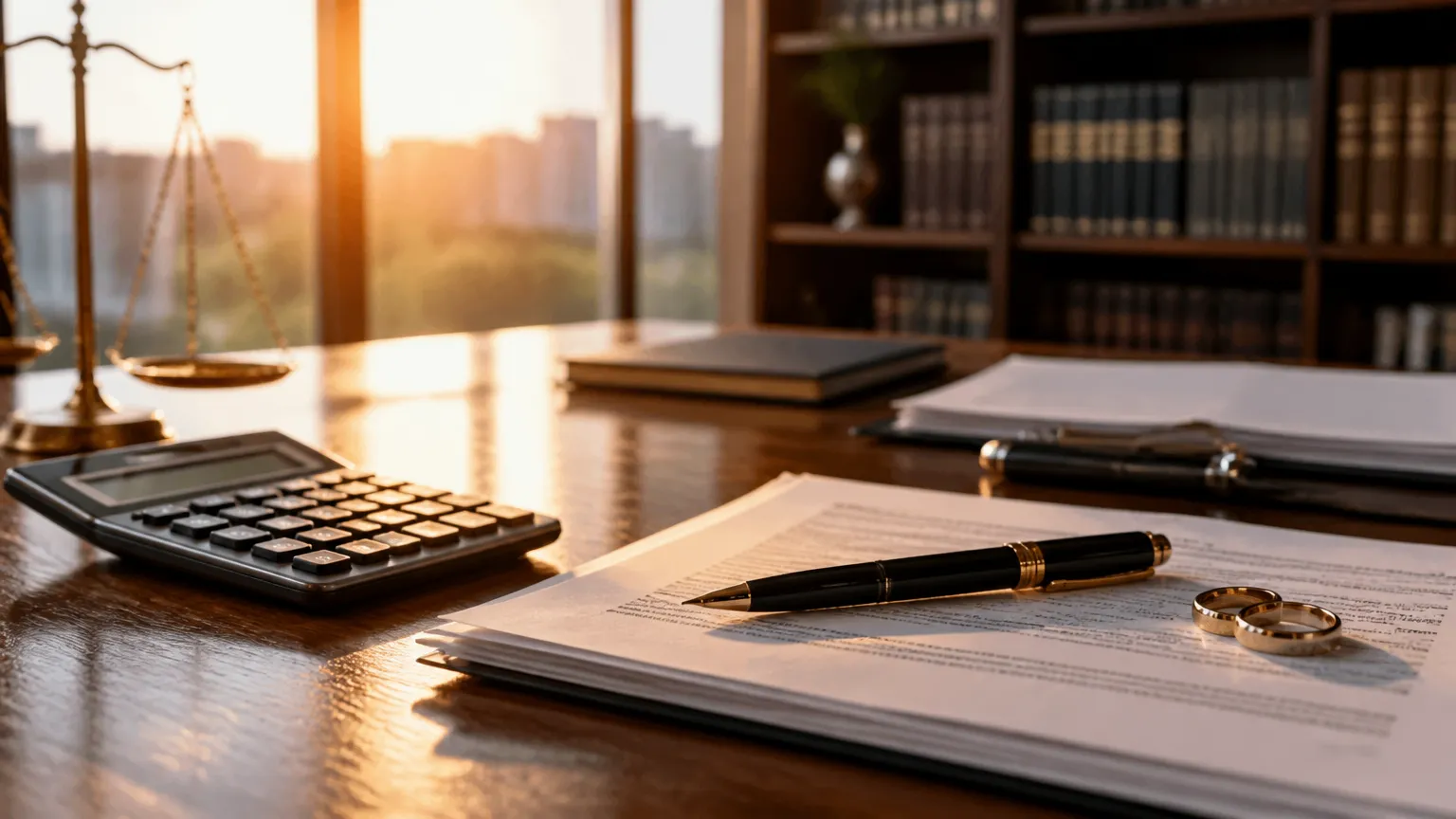 Mesa de escritório com documentos e calculadora analisando quanto custa um divórcio.
